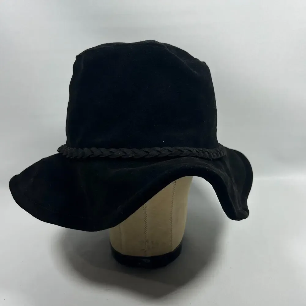 FREE PEOPLE Hat OS Tennessee Suede Leather Floppy Bucket Cap Braided Band Black